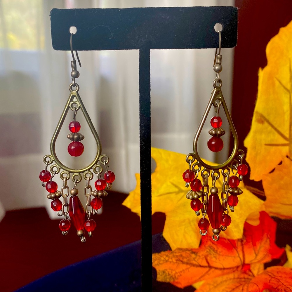 India Inspired Beaded Red and Silver Tone Earrings, 2-1/4" Long